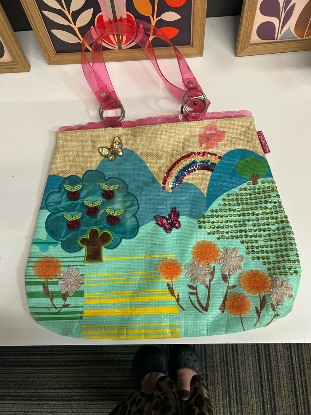 Transversion Whimsical Sequin Garden Tote Bag - Pink & Turquoise